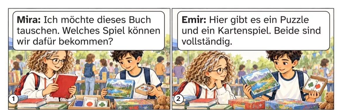 Bild in der Beschreibung des Unterrichtsmaterials DaZ A2: Tauschen statt neu kaufen – Comic, Aufgaben und Lösungen von PUSH #1