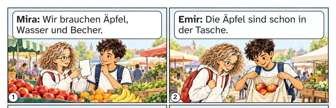Bild in der Beschreibung des Unterrichtsmaterials DaZ A1: Was fehlt fürs Picknick? – Comic, Aufgaben und Lösungen von PUSH #1