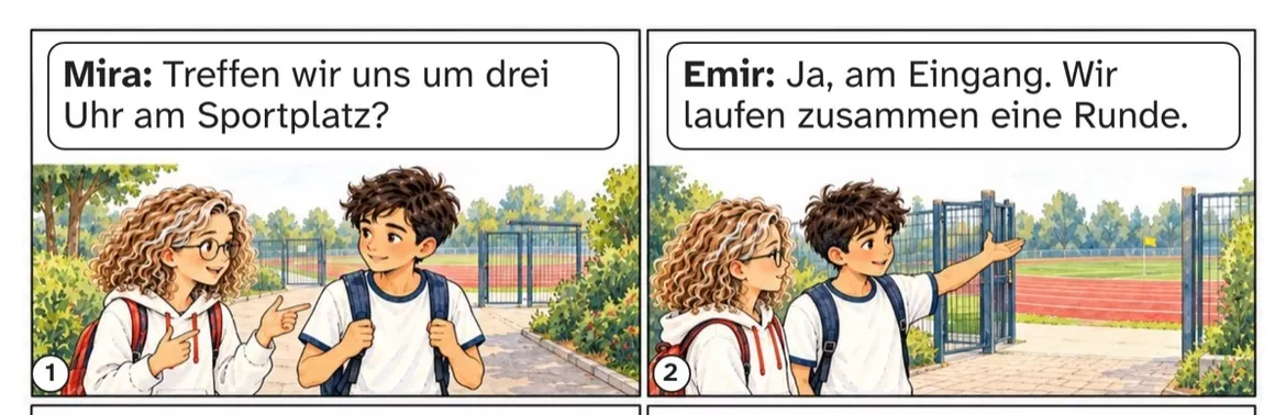 Bild in der Beschreibung des Unterrichtsmaterials DaZ A1: Zusammen ins Ziel – Comic, Aufgaben und Lösungen von PUSH #1