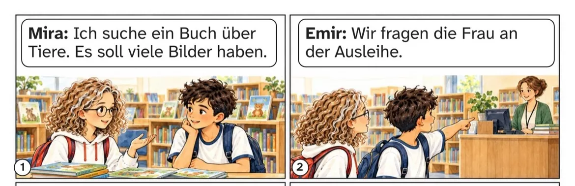 Bild in der Beschreibung des Unterrichtsmaterials DaZ A1: Das Buch für Mira – Comic, Aufgaben und Lösungen von PUSH #1