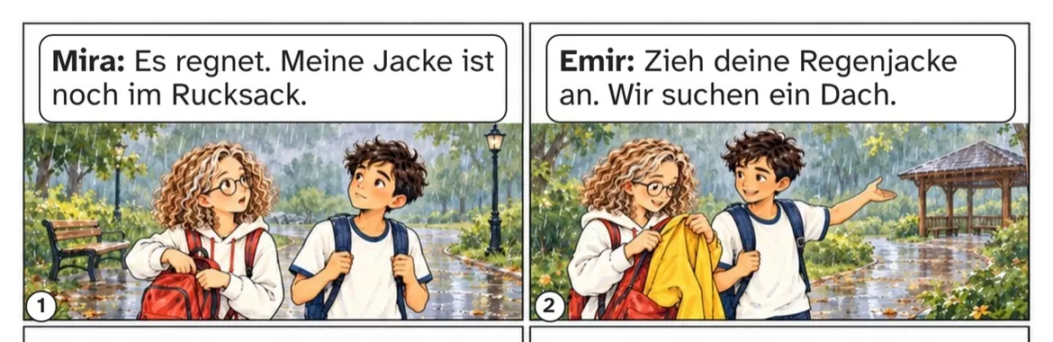 Bild in der Beschreibung des Unterrichtsmaterials DaZ A1: Ein Dach für die Pause – Comic, Aufgaben und Lösungen von PUSH #1