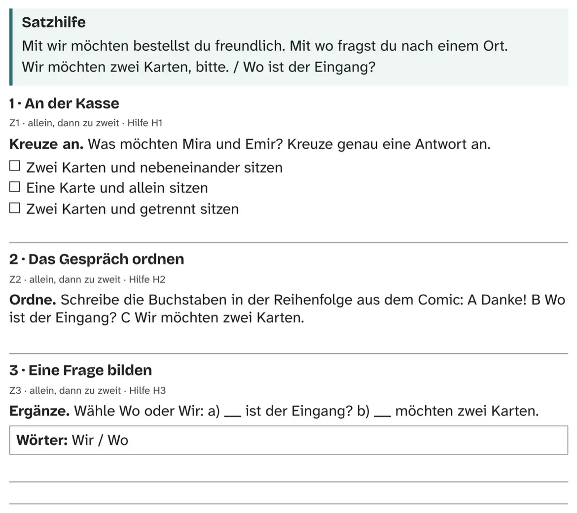 Bild in der Beschreibung des Unterrichtsmaterials DaZ A1: Zwei Plätze, bitte – Comic, Aufgaben und Lösungen von PUSH #2
