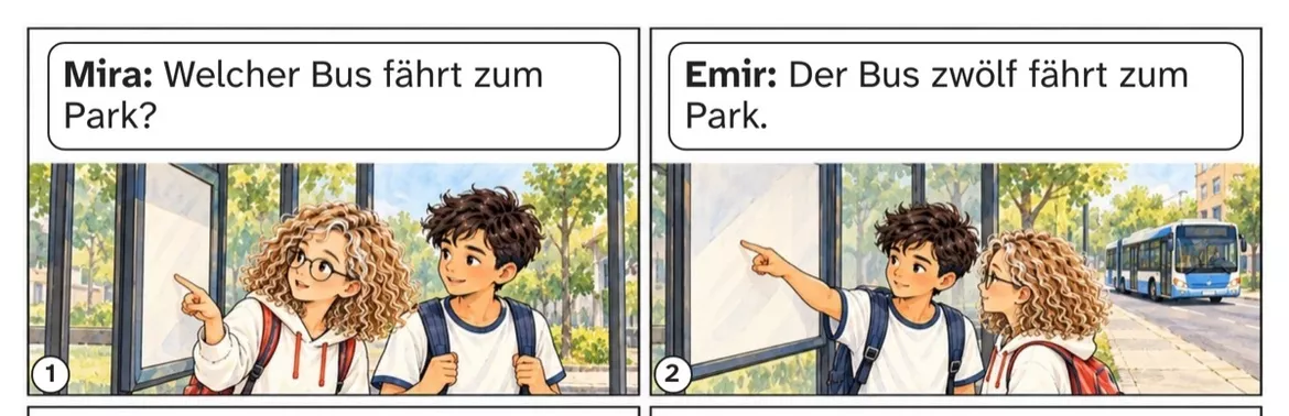 Bild in der Beschreibung des Unterrichtsmaterials DaZ A1: Welcher Bus fährt zum Park? – Comic, Aufgaben und Lösungen von PUSH #1