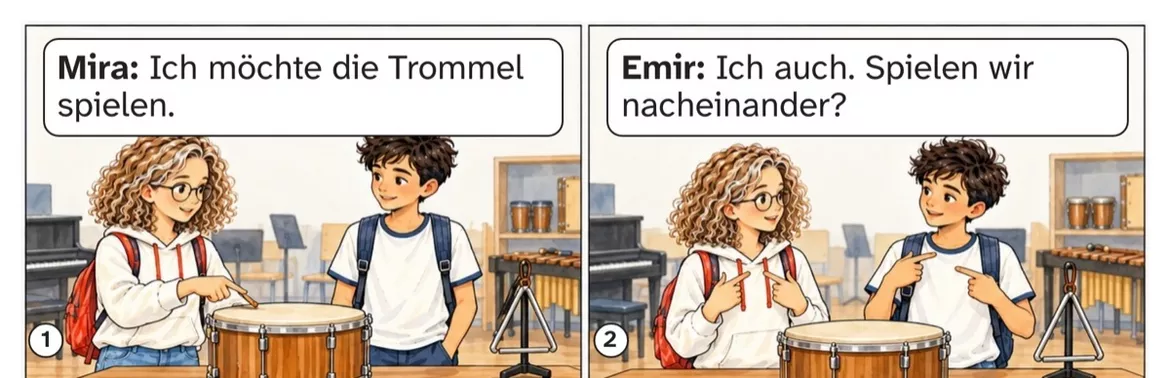 Bild in der Beschreibung des Unterrichtsmaterials DaZ A1: Wer spielt zuerst? – Comic, Aufgaben und Lösungen von PUSH #1