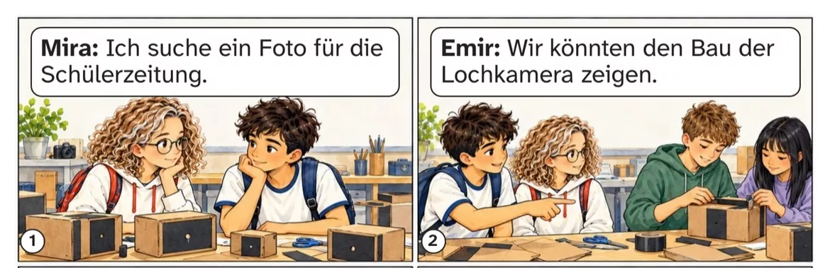 Bild in der Beschreibung des Unterrichtsmaterials DaZ A2: Ein Foto für die Schülerzeitung – Comic, Aufgaben und Lösungen von PUSH #1
