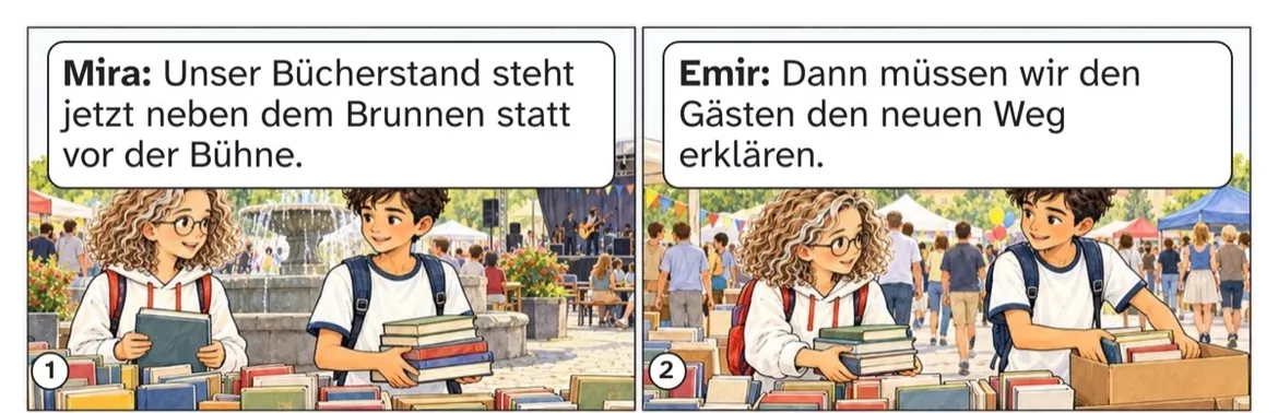 Bild in der Beschreibung des Unterrichtsmaterials DaZ A2: Der Stand hat einen neuen Platz – Comic, Aufgaben und Lösungen von PUSH #1