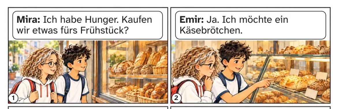 Bild in der Beschreibung des Unterrichtsmaterials DaZ A1: Ein Frühstück zum Mitnehmen – Comic, Aufgaben und Lösungen von PUSH #1