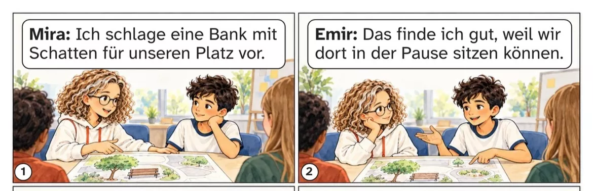 Bild in der Beschreibung des Unterrichtsmaterials DaZ A2: Unsere Idee für den Platz – Comic, Aufgaben und Lösungen von PUSH #1