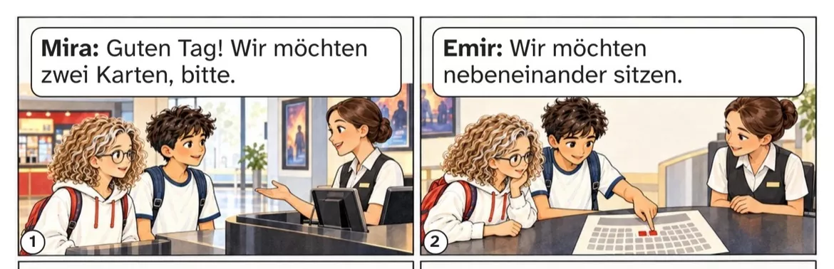 Bild in der Beschreibung des Unterrichtsmaterials DaZ A1: Zwei Plätze, bitte – Comic, Aufgaben und Lösungen von PUSH #1