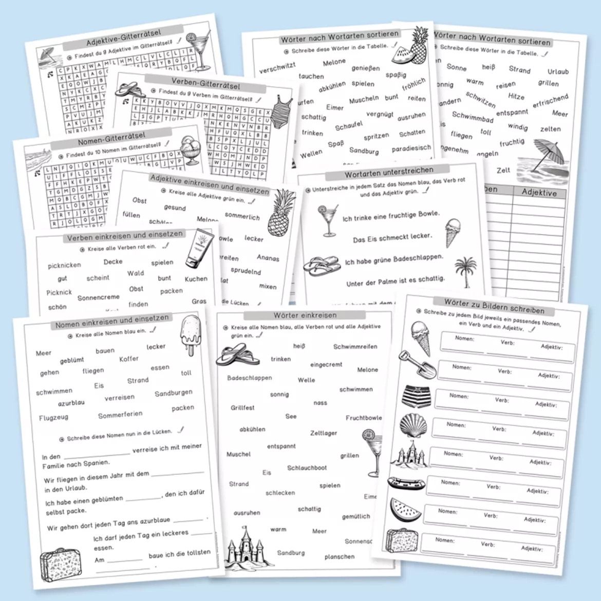 Bild in der Beschreibung des Unterrichtsmaterials Wortarten im Sommer (11 Arbeitsblätter) von Grundschulatelier #1