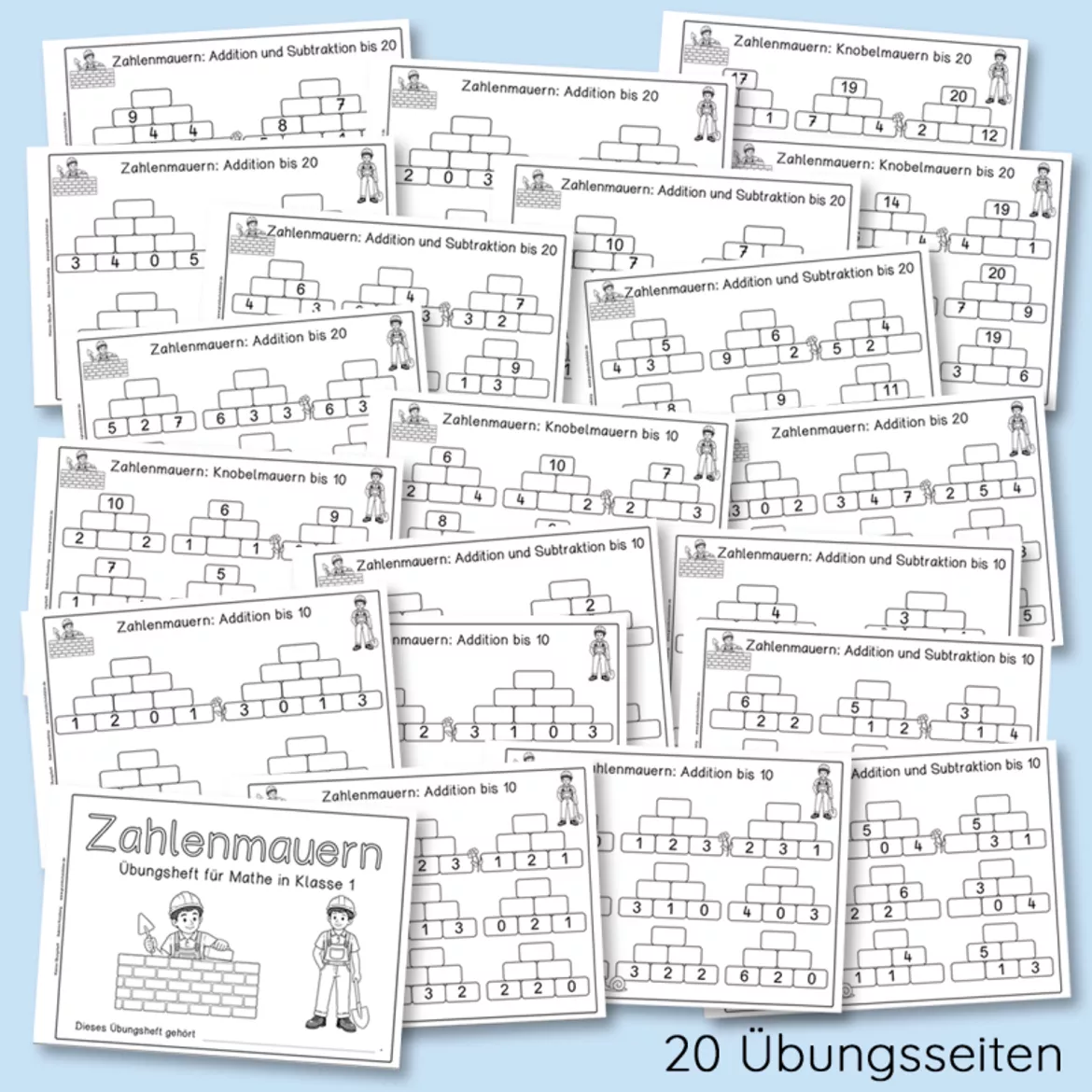 Bild in der Beschreibung des Unterrichtsmaterials Zahlenmauern bis 10 und 20 (Mathe, Klasse 1, Übungsheft) von Grundschulatelier #1