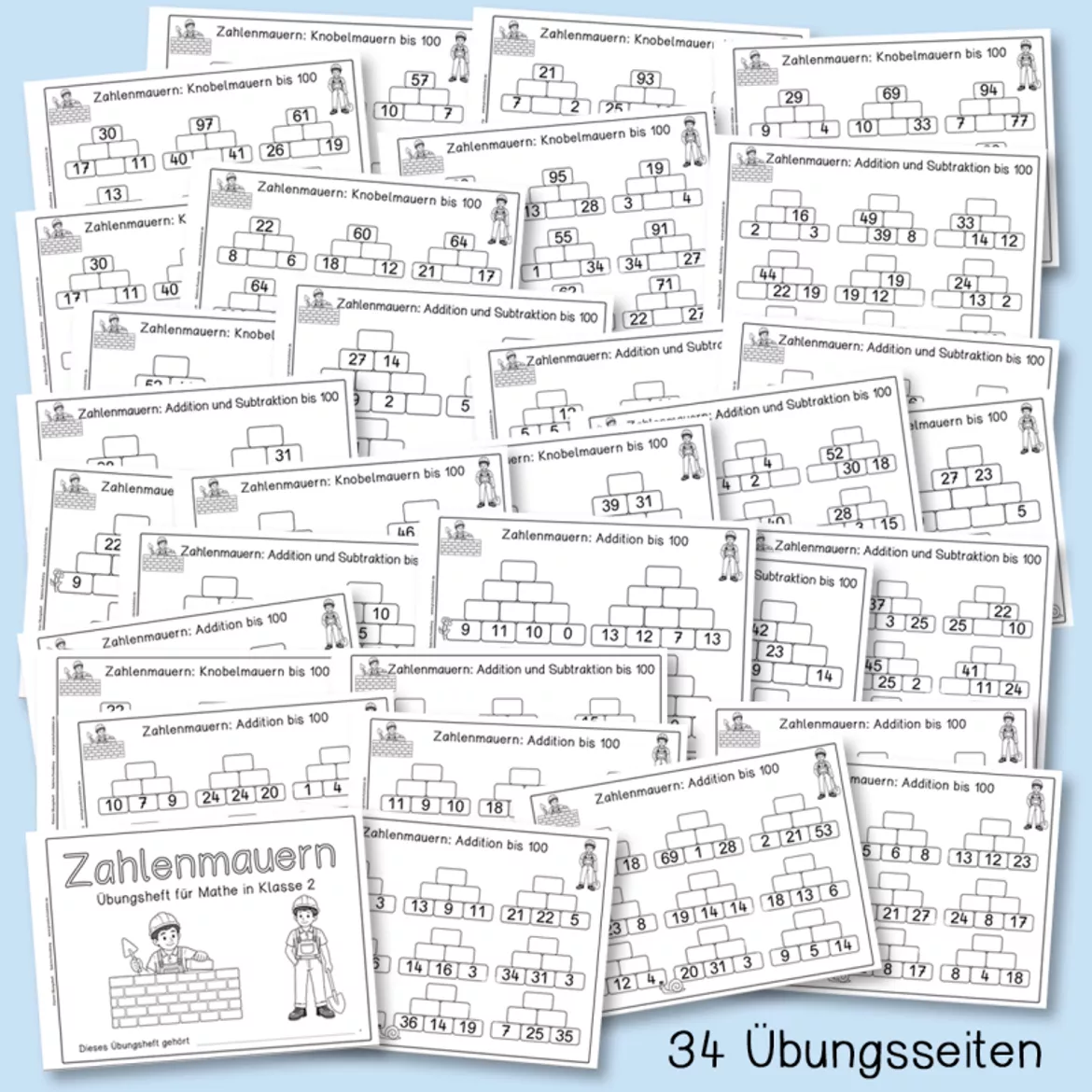 Bild in der Beschreibung des Unterrichtsmaterials Zahlenmauern bis 100 (Mathe, Klasse 2, Übungsheft) von Grundschulatelier #1