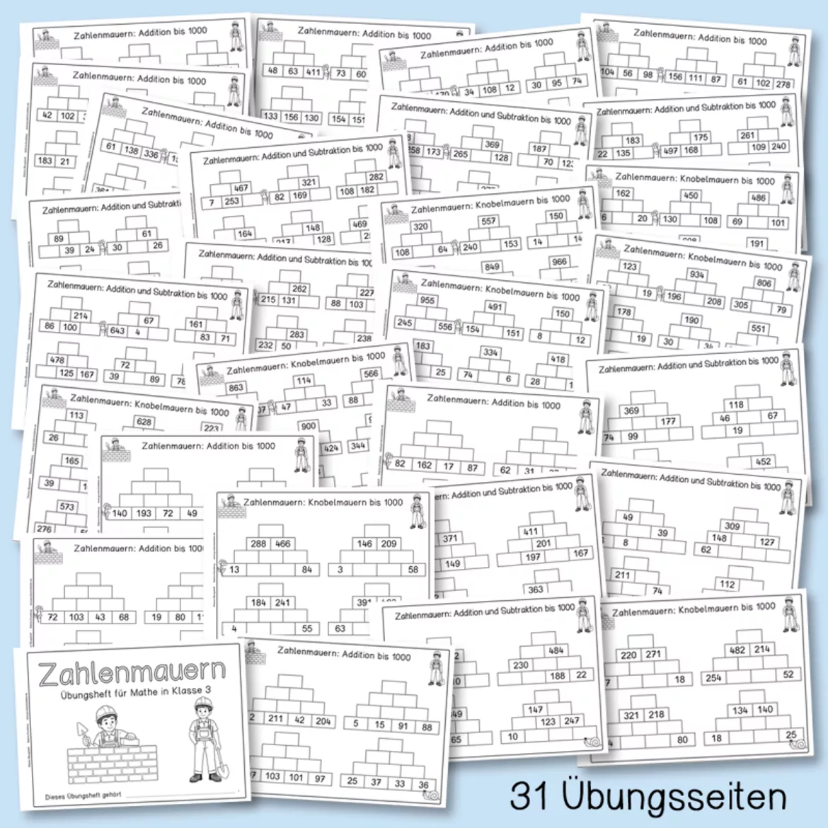 Bild in der Beschreibung des Unterrichtsmaterials Zahlenmauern bis 1000 (Mathe, Klasse 3, Übungsheft) von Grundschulatelier #1