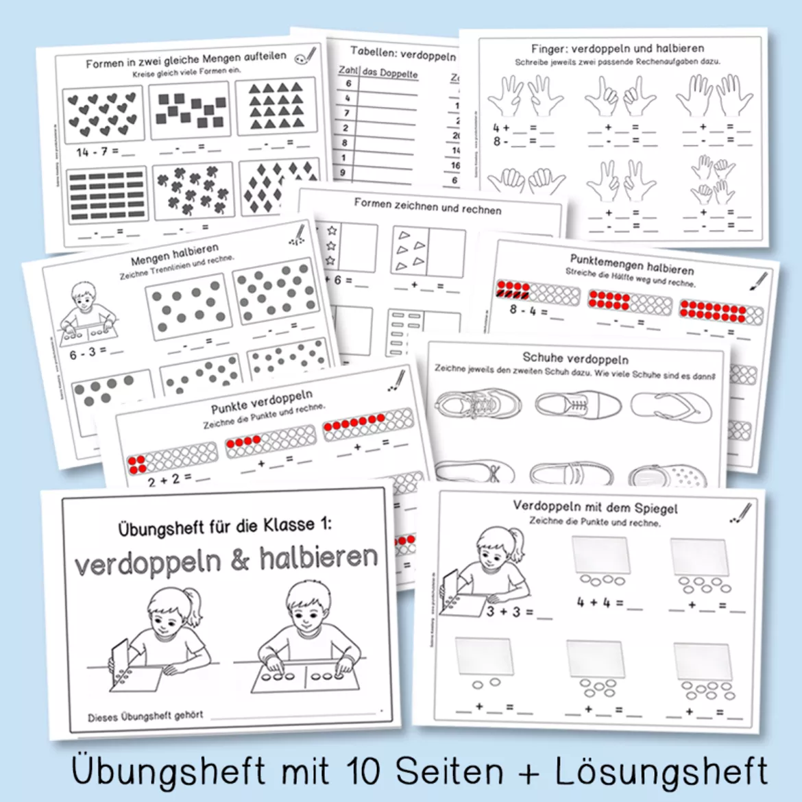 Bild in der Beschreibung des Unterrichtsmaterials Verdoppeln & halbieren (Übungsheft, Mathe, Klasse 1) von Grundschulatelier #1