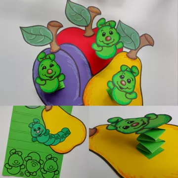 Bild in der Beschreibung des Unterrichtsmaterials Raupe im Obst Fensterbild & Schreibanlass: Bastelvorlage Klasse 1-4 (Apfel, Birne, Pflaume / Kunst & Deutsch Herbst / Grundschule) von Wolkenland.Graphics #1