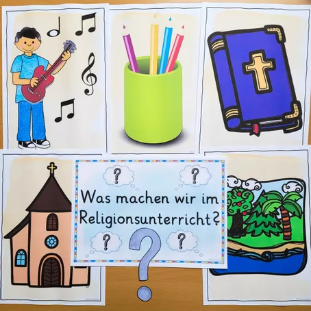 Bild in der Beschreibung des Unterrichtsmaterials Religion Klasse 1 BILDKARTEN Was machen wir im Religionsunterricht? von Helles Köpfchen #1