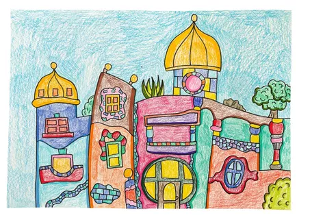 Bild in der Beschreibung des Unterrichtsmaterials Kunstprojekt - Hundertwasser - Wohnhaus -Schritt für Schritt von Odd Bird & Company #1