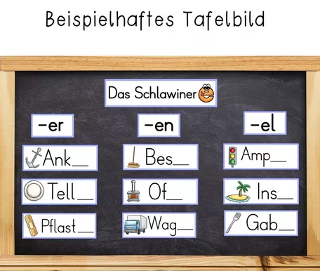 Bild in der Beschreibung des Unterrichtsmaterials Schlawiner -e - Endungen -er, -el, -en - Bildkarten für ein Tafelbild von Odd Bird & Company #1
