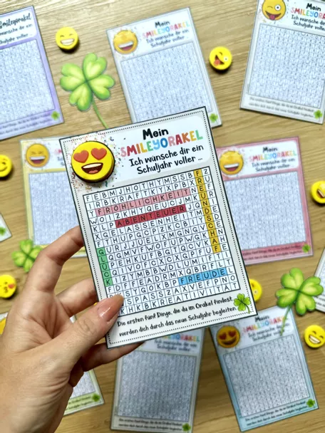 Bild in der Beschreibung des Unterrichtsmaterials Willkommensgruß / Willkommensgeschenk zum Schulstart | Smiley Orakel von Janetti #1