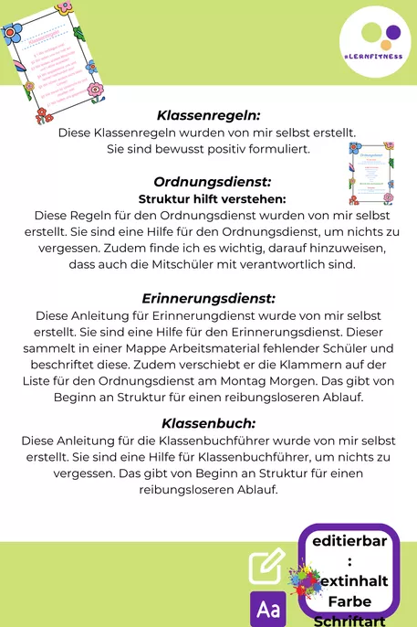 Bild in der Beschreibung des Unterrichtsmaterials Organisation zum Schulbeginn | editierbar | Klassenregeln, Klassenbuch, Ordnungsdienst, Erinnerungsdienst + mehr von Lernfitness #1