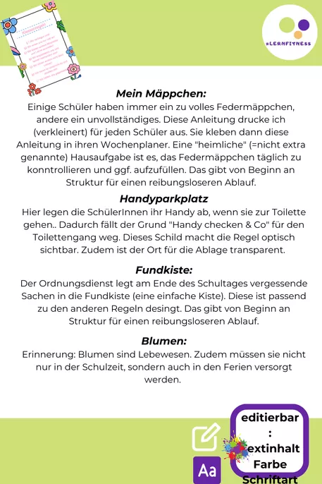 Bild in der Beschreibung des Unterrichtsmaterials Organisation zum Schulbeginn | editierbar | Klassenregeln, Klassenbuch, Ordnungsdienst, Erinnerungsdienst + mehr von Lernfitness #2