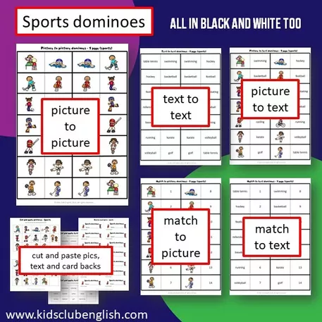 Bild in der Beschreibung des Unterrichtsmaterials Sports and Hobbies Dominoes - Black and white - Eduki von Kids Club English with Fiona Hunter #1