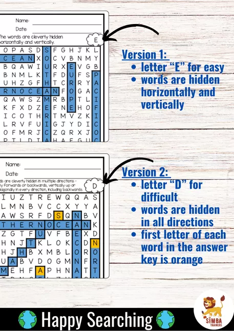 Bild in der Beschreibung des Unterrichtsmaterials Word Search Puzzle (Continents & Oceans) | Geography Continentes y océanos Geografía Inglés von SIMBA Trainers Education #1