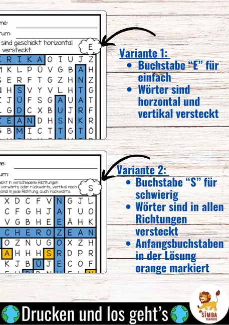 Bild in der Beschreibung des Unterrichtsmaterials Wörtersuche Puzzle / Suchsel (Kontinente & Ozeane) Erdkunde Continentes y océanos Geografía Alemán von SIMBA Trainers Education #1