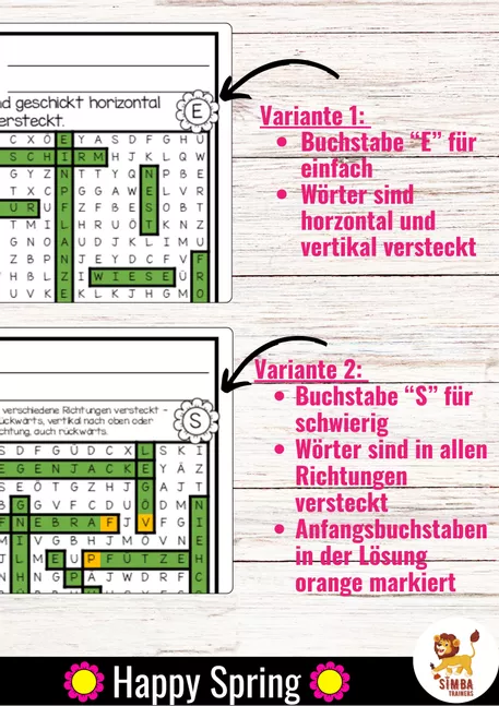 Bild in der Beschreibung des Unterrichtsmaterials XXL Wörtersuche / Suchsel (Frühling) Jahreszeiten Primavera Estaciones Alemán von SIMBA Trainers Education #1