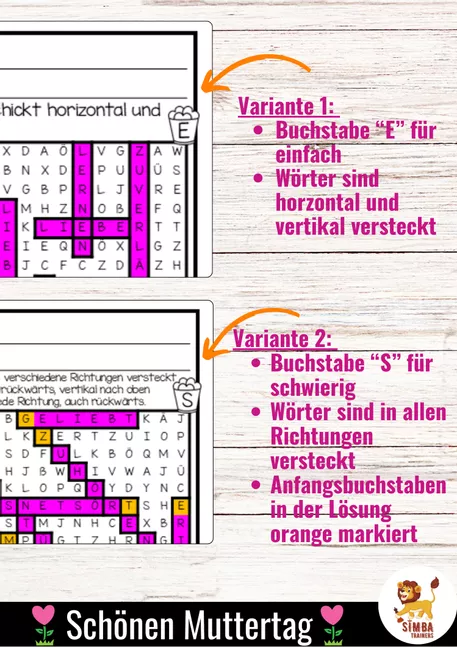Bild in der Beschreibung des Unterrichtsmaterials XXL Wörtersuche / Suchsel (Muttertag) Mai Fête des Mères Allemand von SIMBA Trainers Education #1
