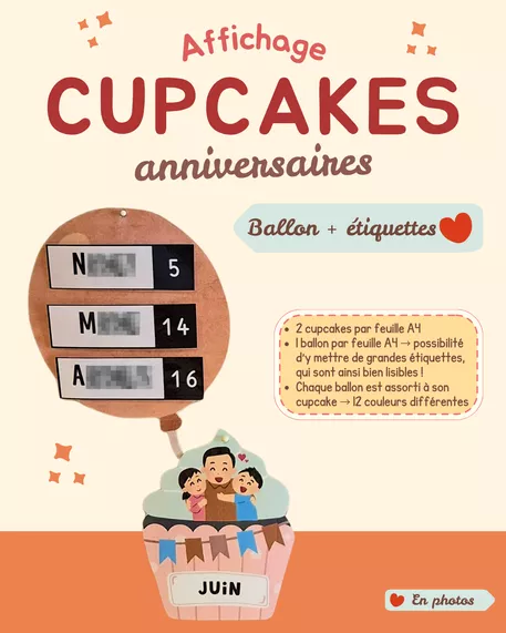 Bild in der Beschreibung des Unterrichtsmaterials Affichage anniversaires cupcakes von Des fleurs pour la maitresse #1