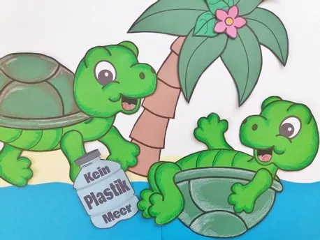 Bild in der Beschreibung des Unterrichtsmaterials Schildkröten basteln Klima Bastelvorlage Meer Wasser Plastikmüll von Wolkenland.Graphics #4