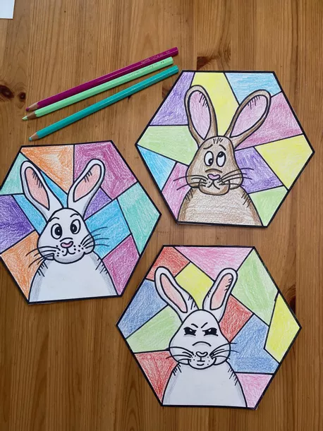 Bild in der Beschreibung des Unterrichtsmaterials Kunstprojekt - Frühling / Ostern - Verrückte Häschen im Sechseck - Schritt für Schritt von Odd Bird & Company #3