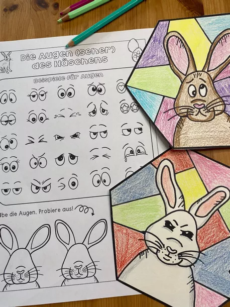 Bild in der Beschreibung des Unterrichtsmaterials Kunstprojekt - Frühling / Ostern - Verrückte Häschen im Sechseck - Schritt für Schritt von Odd Bird & Company #1