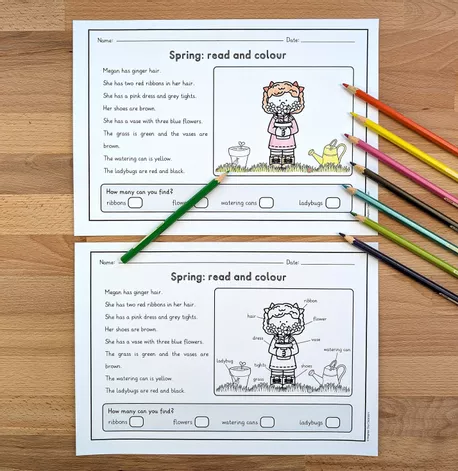 Bild in der Beschreibung des Unterrichtsmaterials Spring read and colour - 8 Bilder, 2-fach differenziert (Englisch) von Brighter Day Classroom #2
