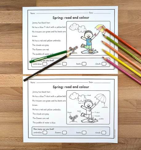 Bild in der Beschreibung des Unterrichtsmaterials Spring read and colour - 8 Bilder, 2-fach differenziert (Englisch) von Brighter Day Classroom #1