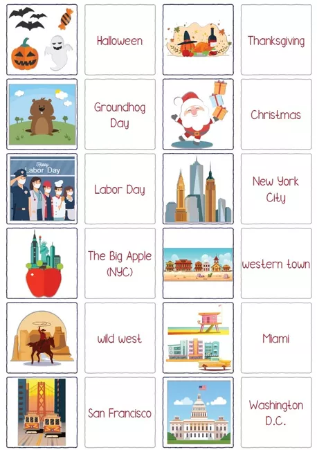Bild in der Beschreibung des Unterrichtsmaterials USA: Vocabulary / Words - Sparpaket mit: Flash Cards, Board Game, I have... - Who has?, Memory® von Mission Education #4