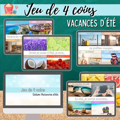 Bild in der Beschreibung des Unterrichtsmaterials Sprechanlass: Jeu de 4 coins- Édition: Vacances d