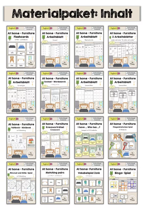 Bild in der Beschreibung des Unterrichtsmaterials At home Furniture (Möbel) Materialpaket (Bildkarten, Arbeitsblätter, Spiele) differenziert - Englisch von Mrs.Robinbird #1