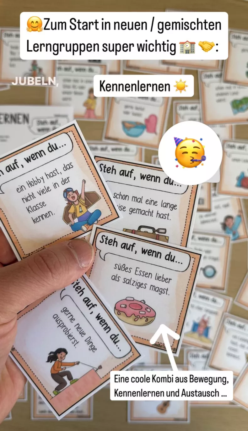 Bild in der Beschreibung des Unterrichtsmaterials Steh auf, wenn du ... – Kennenlernspiel Bewegungsspiel / 40 Karten Kennenlernen Schulstart Schuljahresanfang von Doodleteacher #2