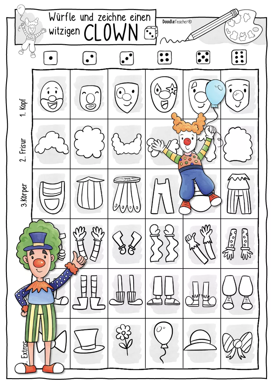 Bild in der Beschreibung des Unterrichtsmaterials Clowns würfeln & malen - Kreativer Karneval / auch Vertretungsstunde von Doodleteacher #1
