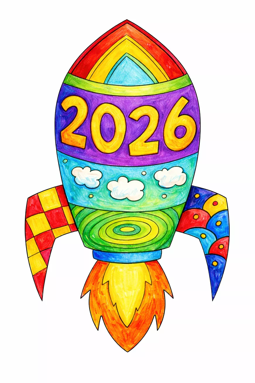 Bild in der Beschreibung des Unterrichtsmaterials 2026 Neujahr / Pop-Art Raketen Ausmalbilder von Doodleteacher #1