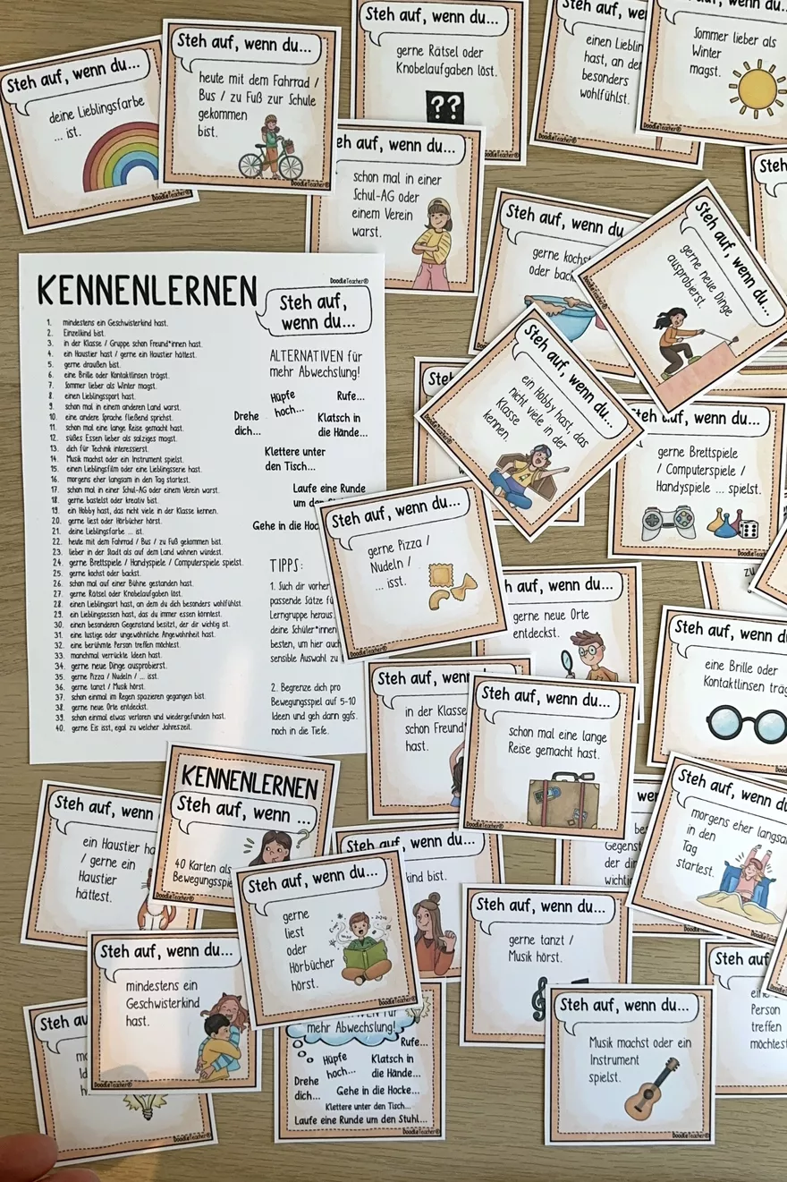 Bild in der Beschreibung des Unterrichtsmaterials Steh auf, wenn du ... – Kennenlernspiel Bewegungsspiel / 40 Karten Kennenlernen Schulstart Schuljahresanfang von Doodleteacher #1