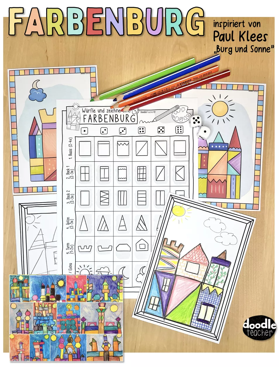 Bild in der Beschreibung des Unterrichtsmaterials Farbenburg würfeln & malen – inspiriert von Paul Klees „Burg und Sonne“ von Doodleteacher #1