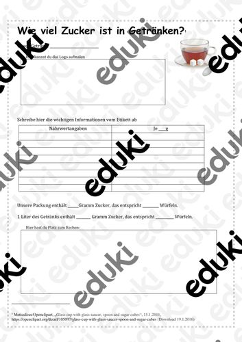 Wie viel Zucker ist in Getränken: Arbeitsblatt zum Ausfüllen – Unterrichtsmaterial im Fach Biologie