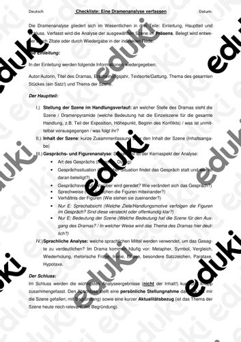 Checkliste Dramenanalyse Szenenanalyse – Unterrichtsmaterial im Fach Deutsch