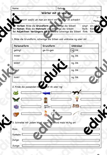 Arbeitsblatt zu Wörtern mit ng und nk – Unterrichtsmaterial im Fach Deutsch