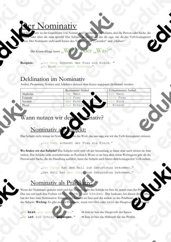 Der Nominativ eine Zusammenfassung Unterrichtsmaterial Der Nominativ eine Zusammenfassung Unterrichtsmaterial