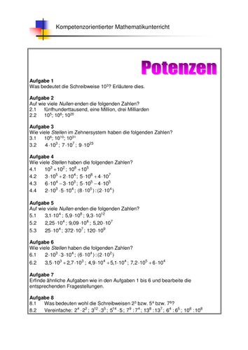 Potenzen; Material zur Binnendifferenzierung, Klasse 5 – Unterrichtsmaterial im Fach Mathematik