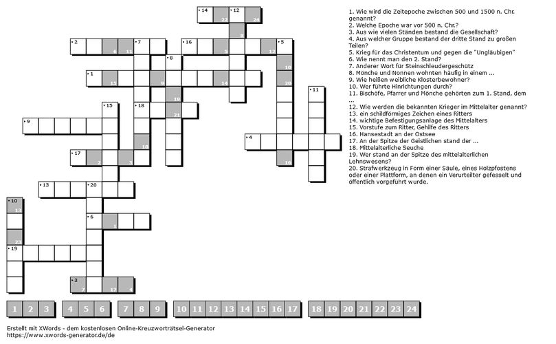 Kreuzworträtsel - das Mittelalter – Unterrichtsmaterial in den Fächern